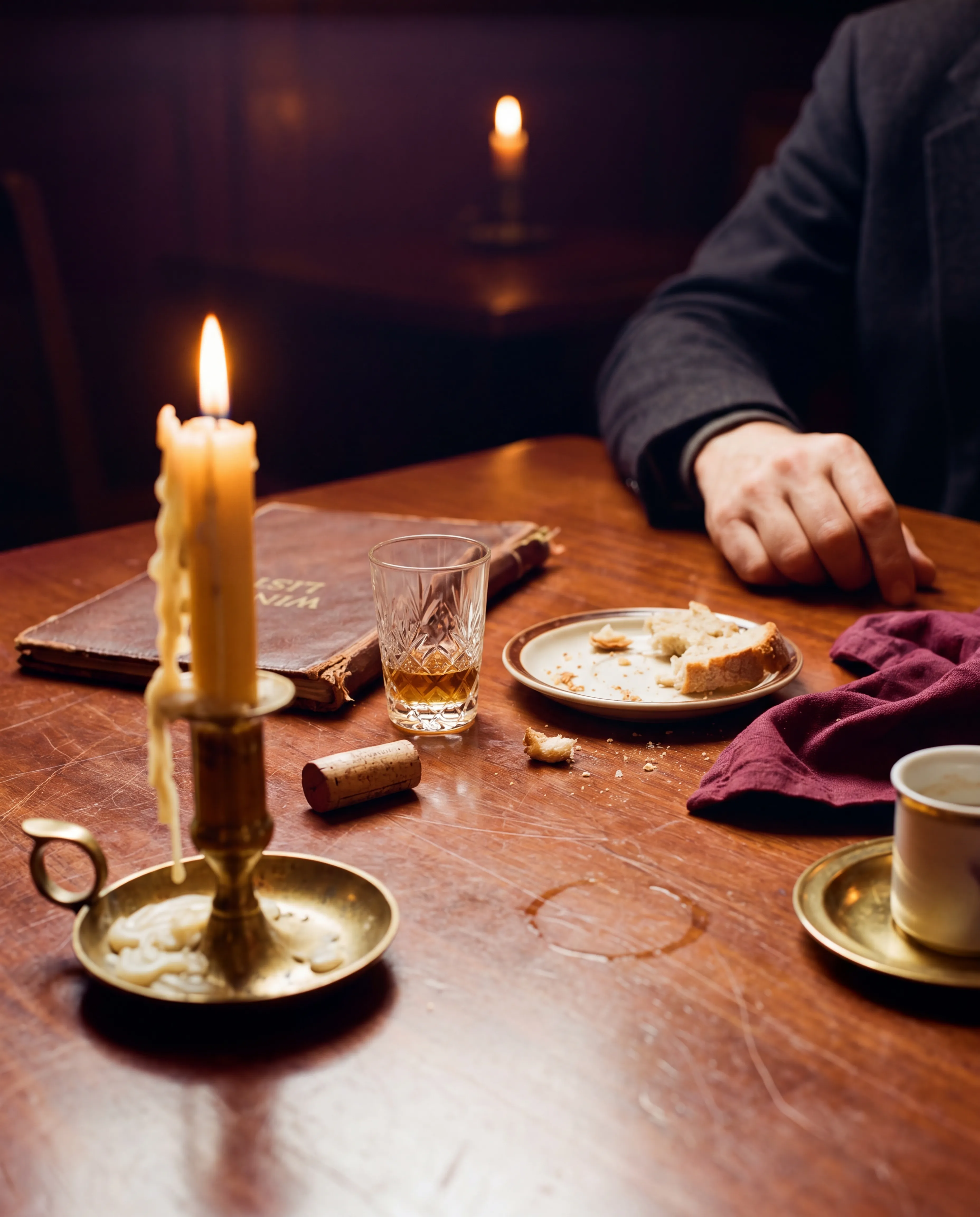 a beeswax candle burned down past its first hour, mid-conversation.